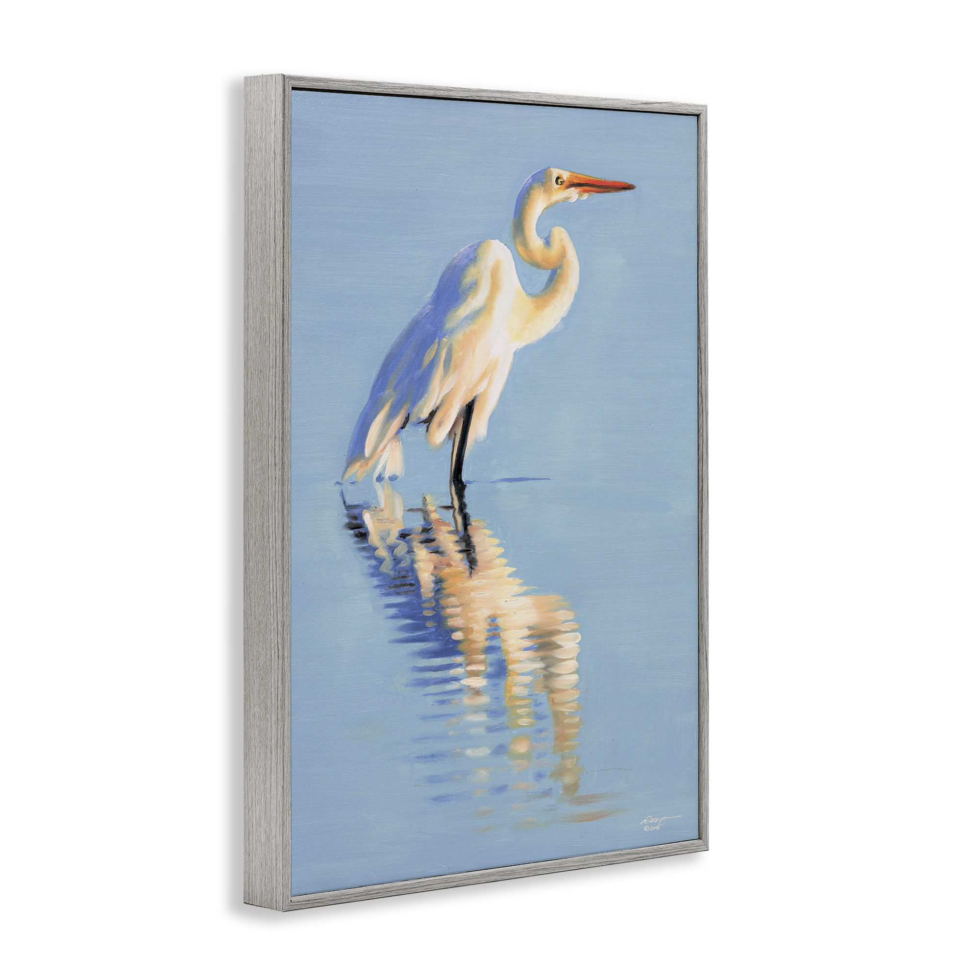 Stupell Industries Blue Egret Reflection Animals & Insects Painting Gray Framed Art Print Wall Art, 16 x 24