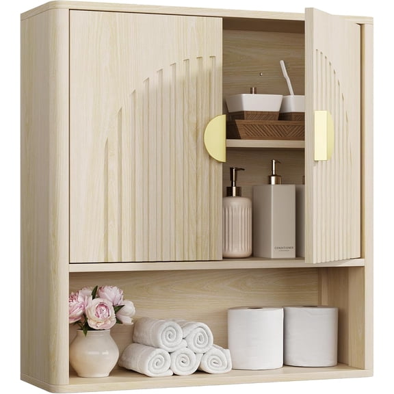 Hanyu Bathroom Wall Cabinet with Adjustable Wood Shelf, Fluted Medicine Cabinet with 2 Doors, Over The Toilet Storage Cabinet for Laundry Room, Kitchen, Living Room, Natural