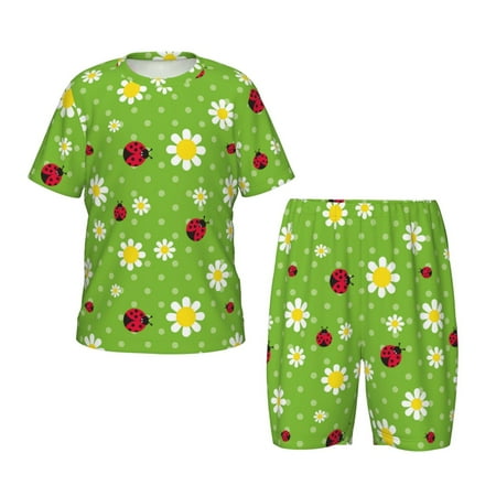Luyuia Daisies And Ladybugs Print Girls  2-Piece Tie-Dye Pajama Set  Cute Summer Loungewear with Shirt and Tank Shorts Nightwear-Medium