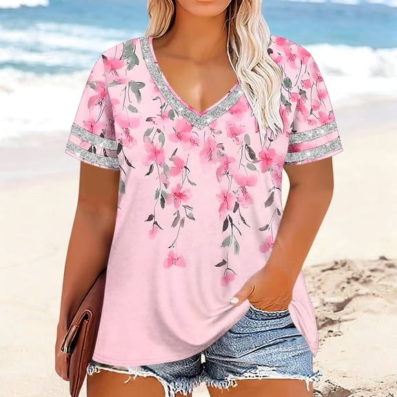 asdoklhq Mothers' Day Womens Shirts Beach Tops Plus Size Gradient Women's Oversized-neck Short Sleeved Solid Summer Base Shirt Sports T-shirt Top Pink 4X