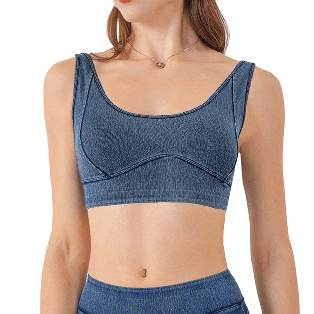 Débardeur en Jean Coupe Ajustée Court pour Femmes, Col Rond Extensible, Soutien-Gorge de Sport, Bleu Moyen S