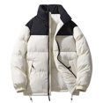 thumbnail image 1 of Lovzfmll Men's Color Block Puffer Jacket Stand Collar Heavyweight Quilted Zip Up Beige, M, 1 of 3