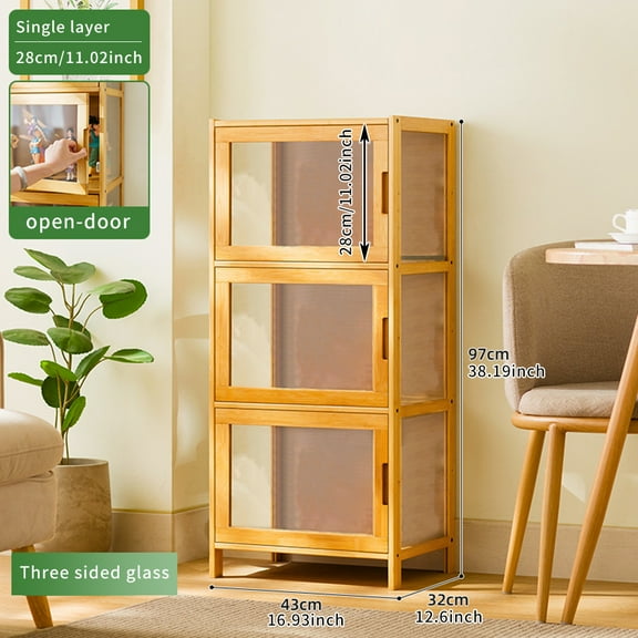 CHZIMADE 42" Display Cabinet with Doors, 3-Tier Bamboo Showcase Storage Cabinet Shelf Collectibles Toy Display Case for Living Room, Natural