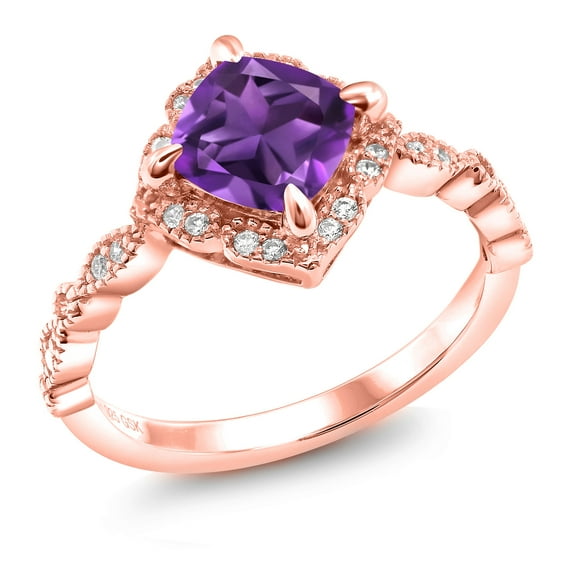 Gem Stone King 18K Rose Gold Plated Silver Purple Amethyst and Moissanite Solitaire Ring for Women (1.74 Cttw, Cushion Cut 7MM, Gemstone, Available in Size 5, 6, 7, 8, 9)