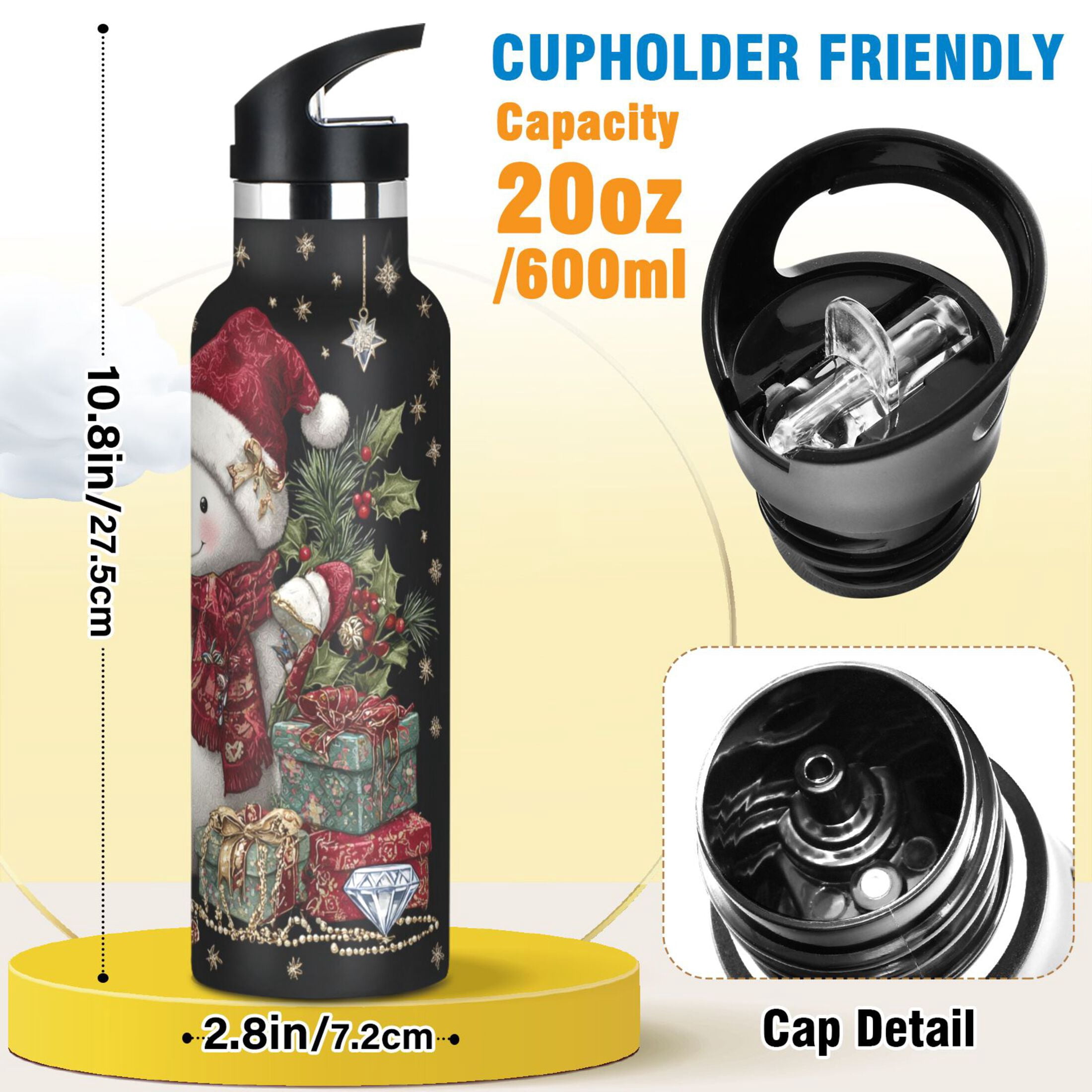 600ML Stainless Steel Insulated Cup Sports Water Bottle Portable Thermos Cup Water Glasses Insulated Tumblers Convenient and Durable Warm Cute Christmas Snowman