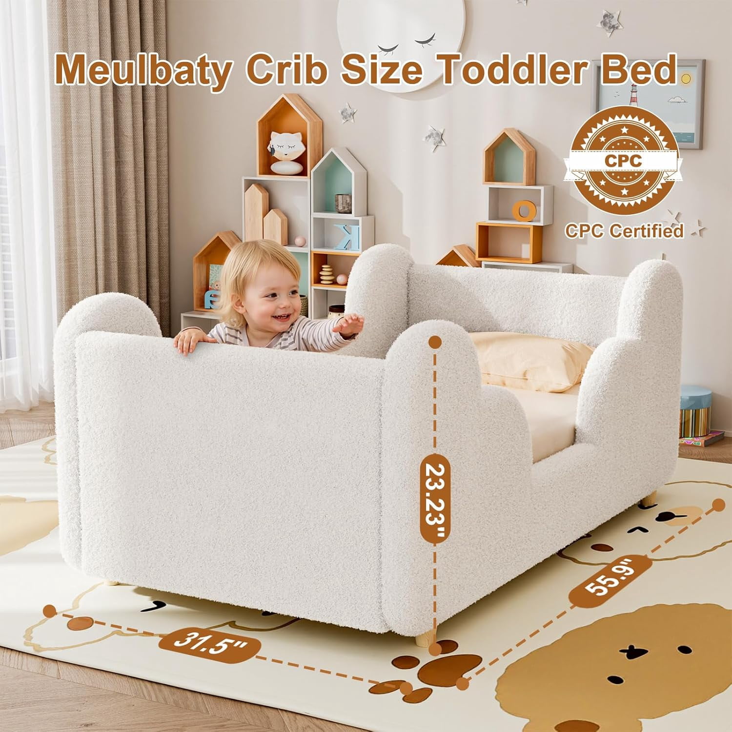 SLSY Toddler Bed,Warm White Child Bed for Kids with Extra Safty Broad,Certified Fabric Toddler Floor Bed,Standard Crib Size(Mattress Not Included)