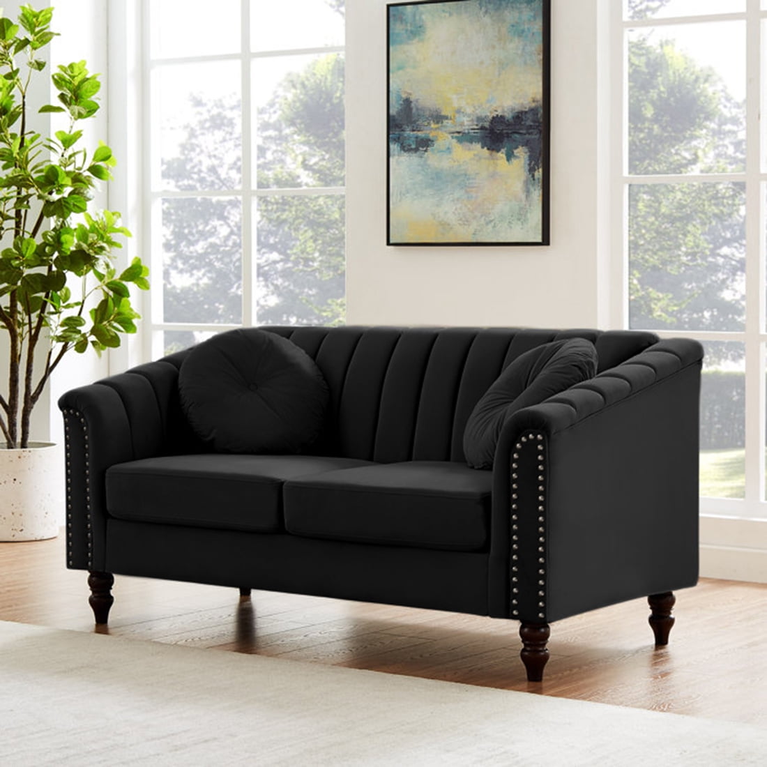 Gewnee Velvet Loveseat Sofa with Pillows and Nailhead Trim Armrest for Living Room,Black