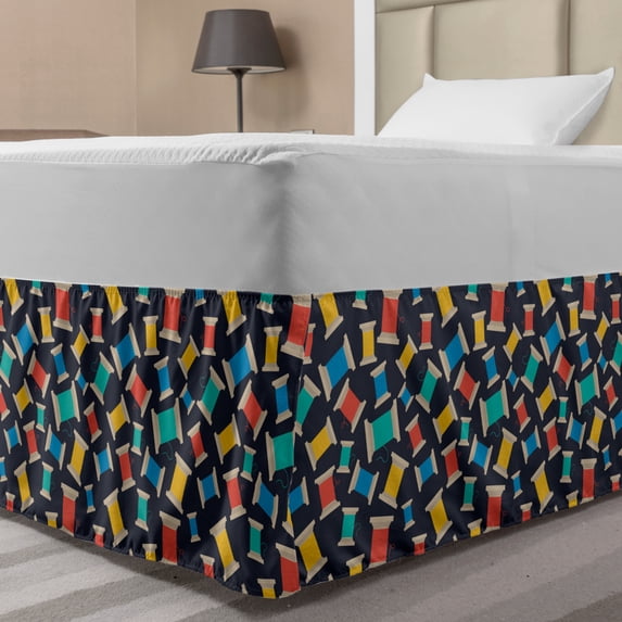 Fashion Bed Skirt, Continuous Pattern of Blue Yellow Salmon Tones Spools of Thread Handicraft, Elastic Bedskirt Dust Ruffle Wrap Around for Bedding Decor, 4 Sizes, Dark Purple Grey, by Ambesonne