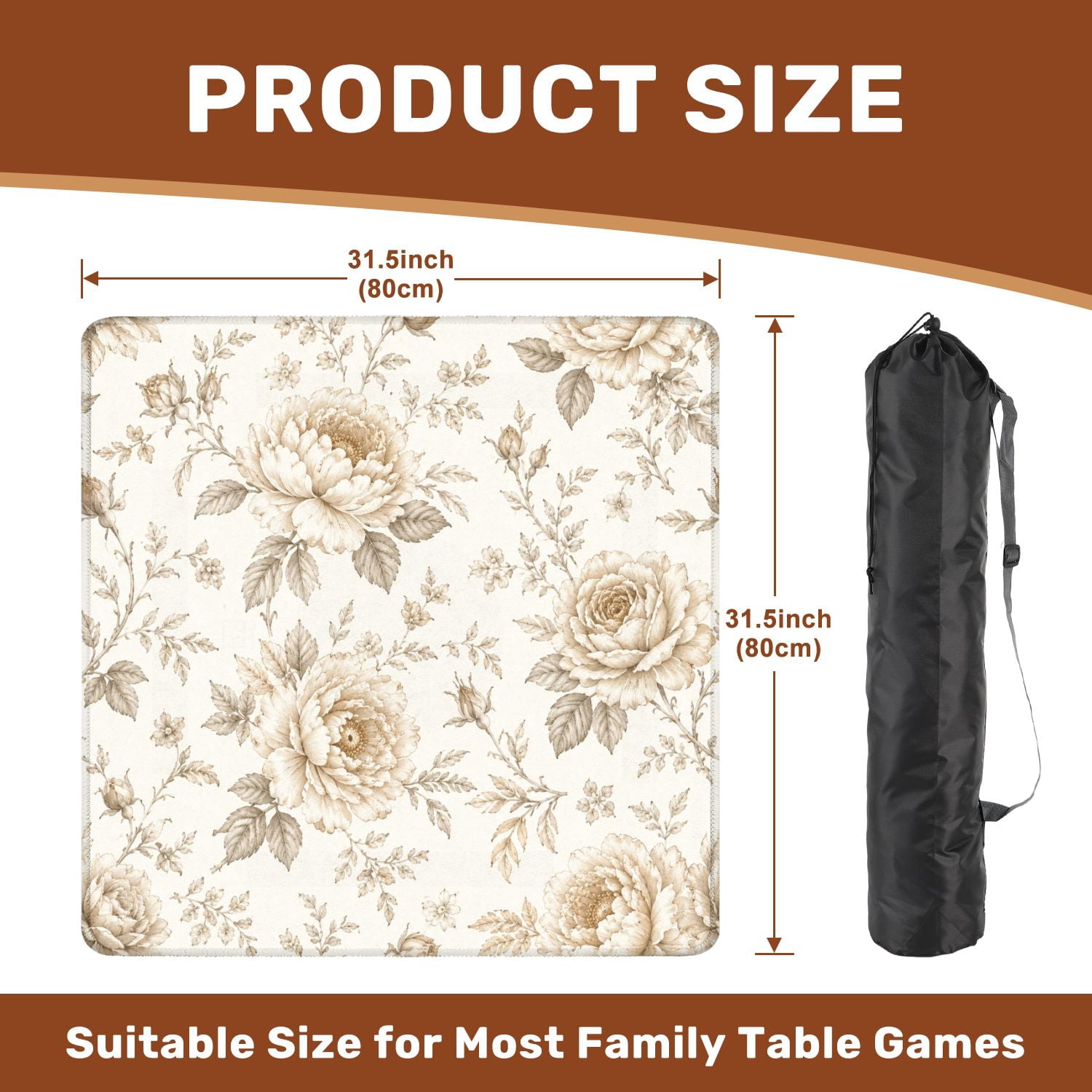 Mahjong Mat 31.5" x 31.5" Vintage Beige Peony Floral Toile Elegant Botanical Details Non-Slip Noise Reduction American Mahjong Tiles Table Cover for Dominoes Poker Card Board Games Gift