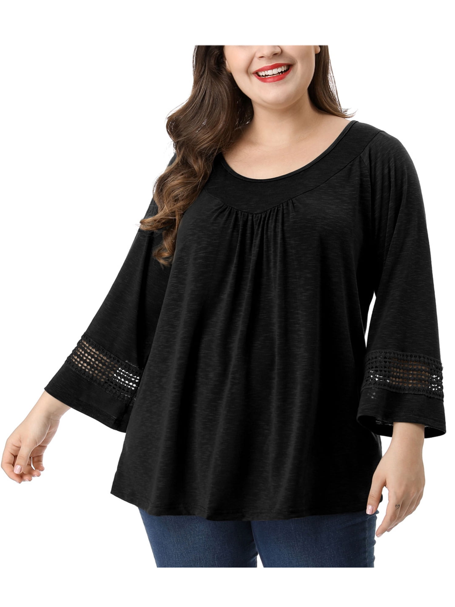 Unique Bargains Juniors' Plus Size Crochet Panel Kimono Raglan Sleeves Ruched Front Top Black 4X