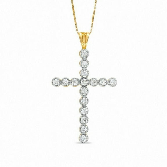 1.00 Ct Round Cut Natural Diamond Accents Holy Cross Pendant Necklace for Women Solid 14K Yellow Gold With 18 inches chain