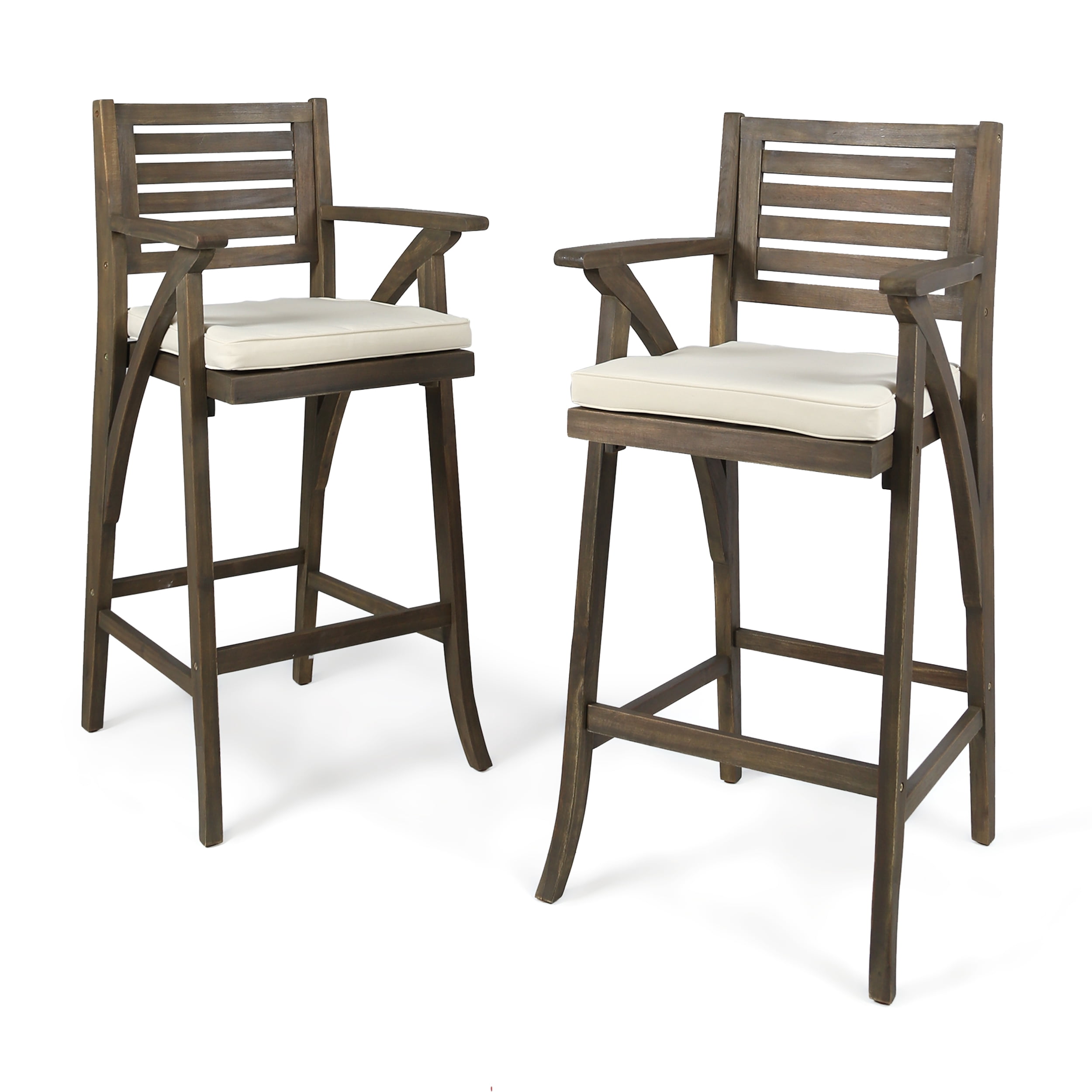 Outdoor Acacia Wood Barstool with Cushion,Cream,Grey