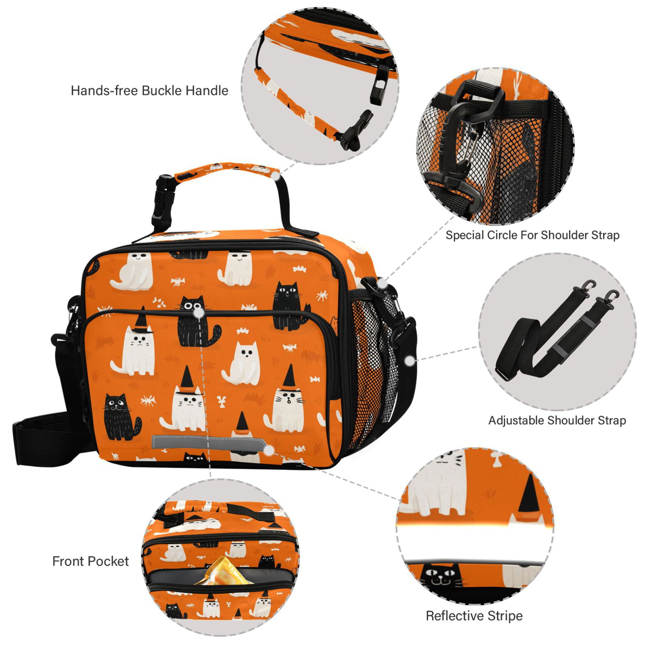 Insulated Lunch Bag 6L Leak-Proof Lunch Box with Shoulder Strap Multiple Pockets Lunch Tote Black Cat and White Cat