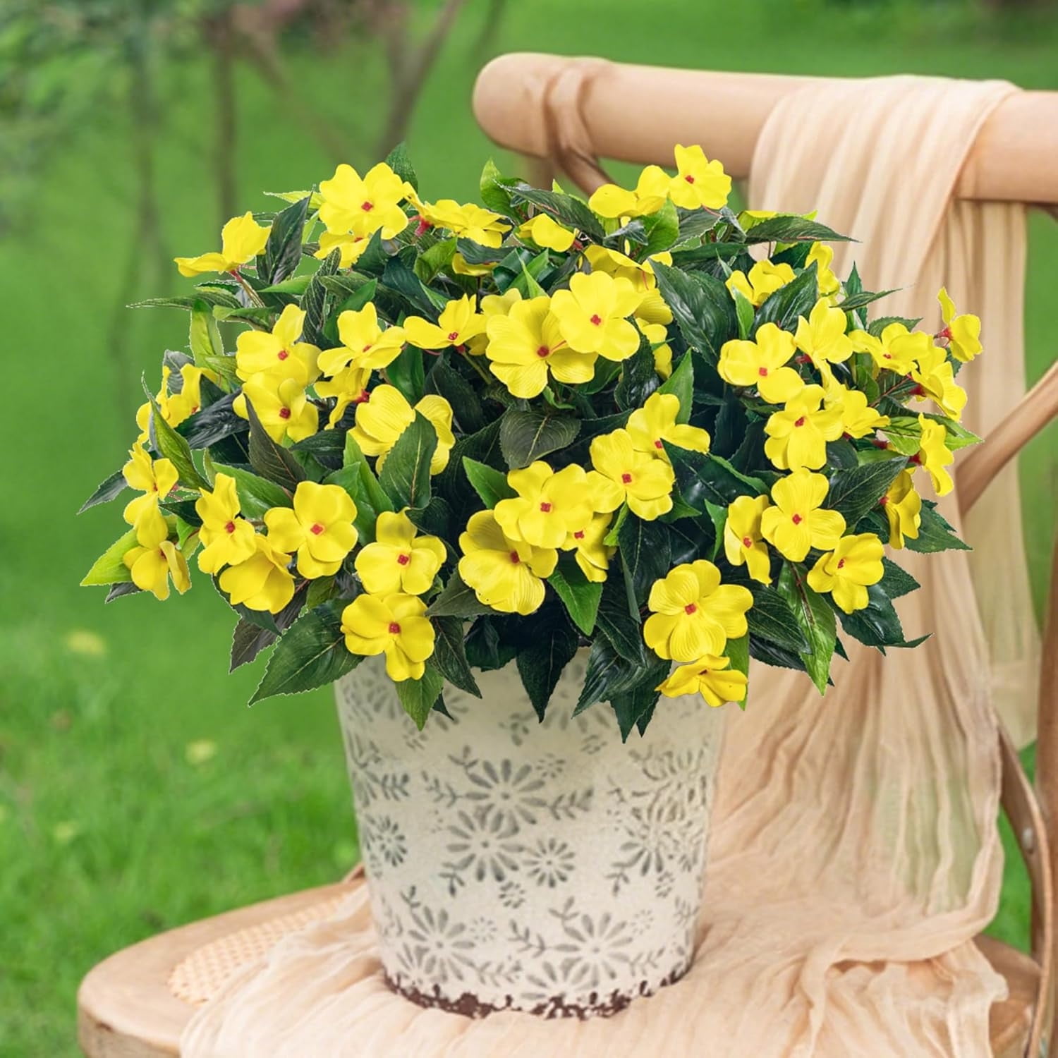 Artificial Impatiens Flowers 4 Pcs 7 Branches Faux Impatiens Bushes Silk Impatiens Bouquet Faux Flower Outdoor UV Resistant Fake Plants for Patio Lawn Garden Pot Hanging Basket Porch Decor,Yellow