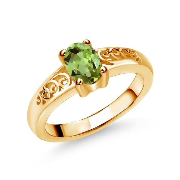 Gem Stone King 0.90 Ct Oval Green Peridot 18K Yellow Gold Plated Silver Ring