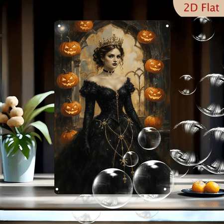 Ethereal Gothic Queen with Golden Crown and Black Gown, Glowing Jack-o'-Lanterns in Cathedral Hall, 8x12 Inch Metal Wall Art Print for Halloween Home Decor