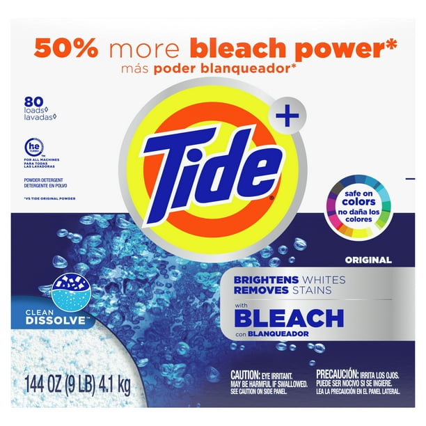 Tide Plus Bleach 80 Loads, Powder Laundry Detergent, 144 oz