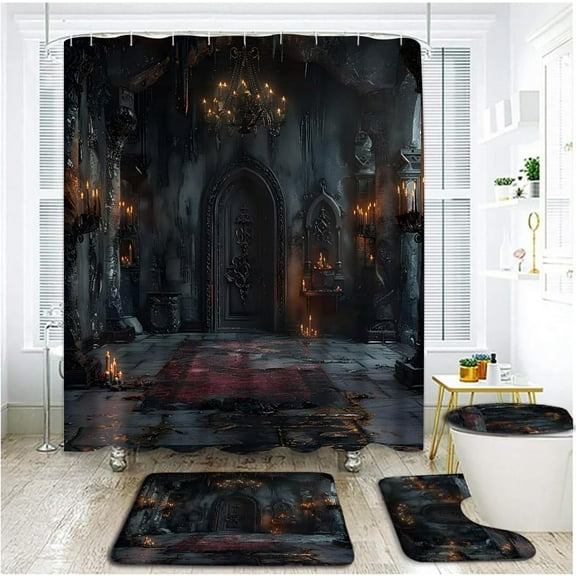 4 Piece Gothic Castle Shower Curtain Set with Rugs, Toilet Lid Cover ,Spooky Halloween Vintage Medieval Castle Candle Spider Web Skull Horror Night Haunted House Bathroom Shower Curtain with Hooks