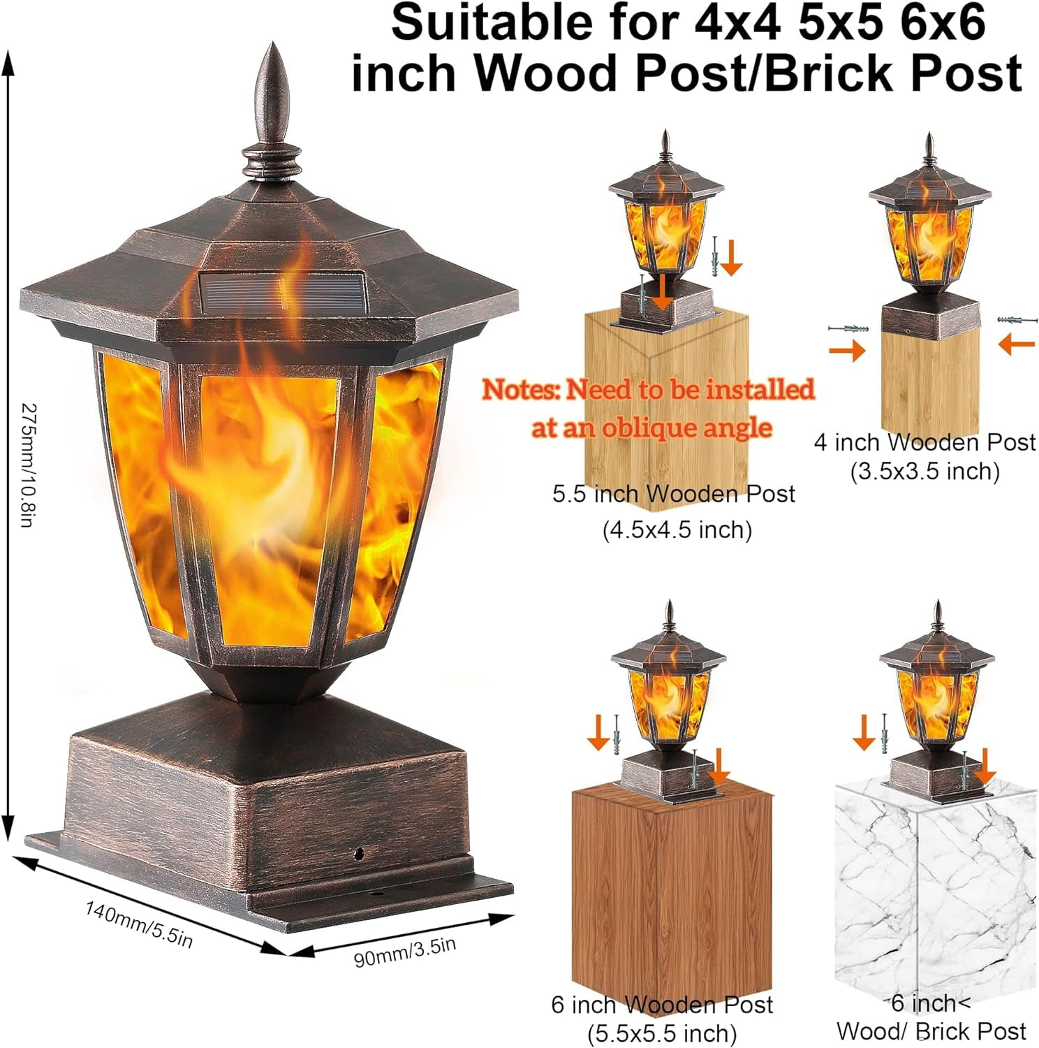 Solar Flame Post Lights Outdoor, Solar Powered Lamps Fence Post Cap Lights, Flickering Flame LED Lantern Decorative Waterproof for Garden Deck Patio,