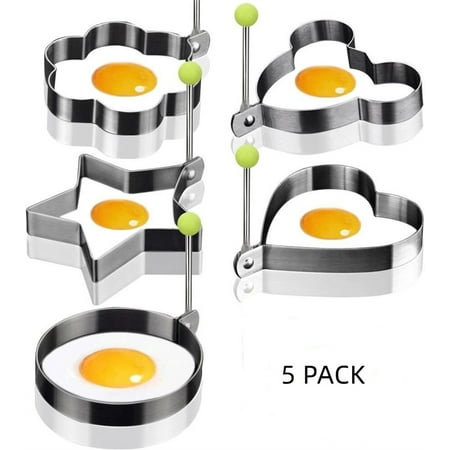 

Happon Egg Mold Ring Stainless Steel Egg Pancake Mold Ring Kitchen Utensil for Creative Breakfast 5 Piece Set - Round Heart Flower Five-Pointed Star and Mickey Mouse Shaped Egg Mold Ring