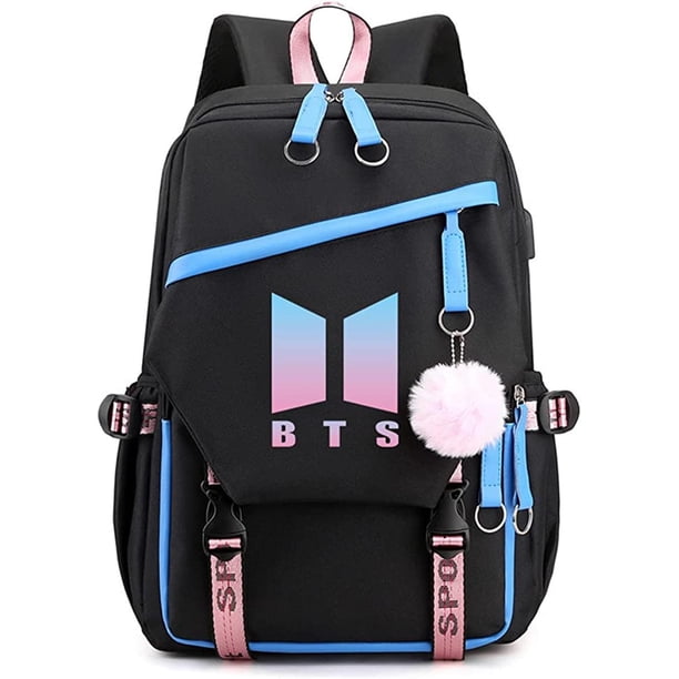 Mochila Kpop BTS HAPPY ME con cable de audio USB puerto de carga azul marino