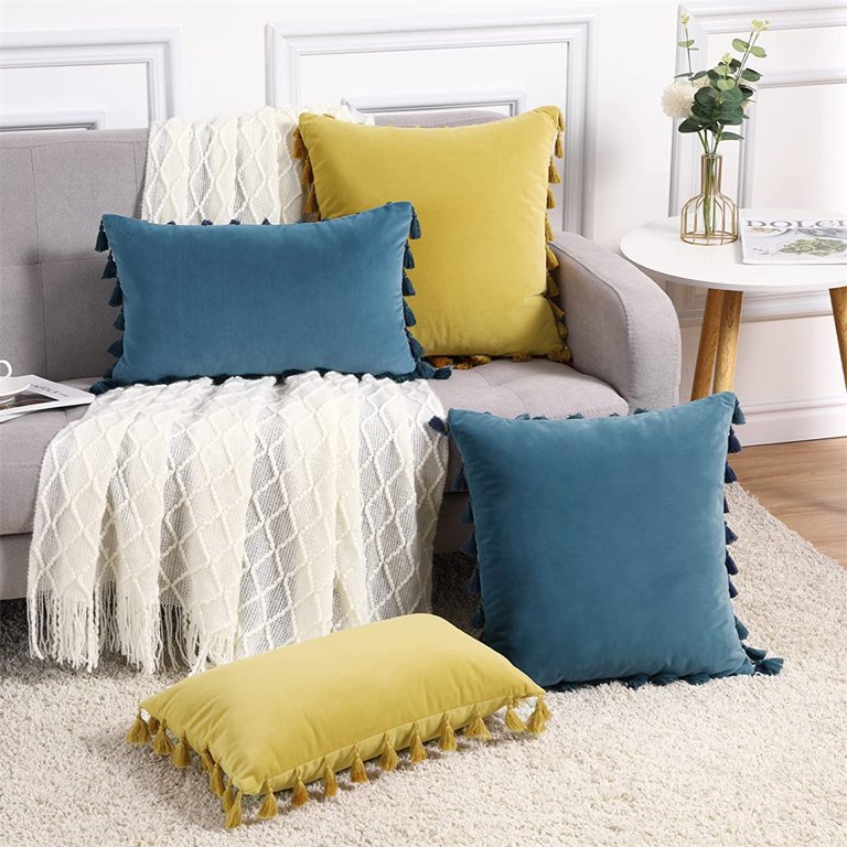 DriftAway Boho Throw Pillow Covers Decorative Square Home Cushion Velvet  Tassels 2 Pieces 18 inch by 18 inch Solid Gold Yellow 