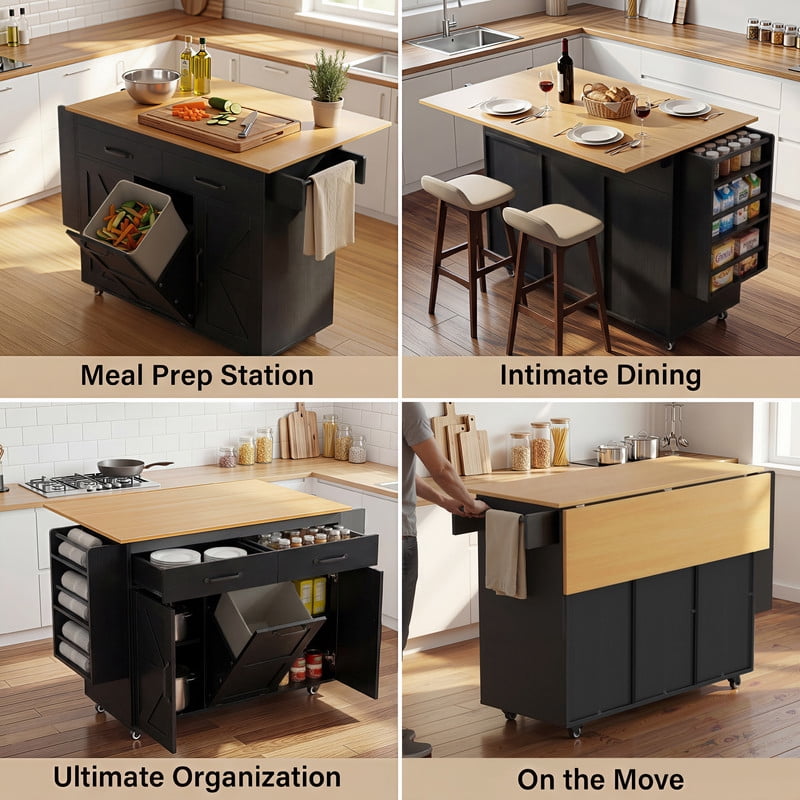 Vineego Rolling Kitchen Island with Storage, Mobile Kitchen Cart on Wheels with Drop Leaf Countertop, Drawers, Barn Doors & Side Shelves, Black with Natural Wood Top