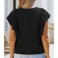 thumbnail image 4 of Mujeres Volantes Tops Color Puro Elegante Cuello Redondo Top Manga Corta Tops para Citas Trabajo Negro XL, 4 of 6