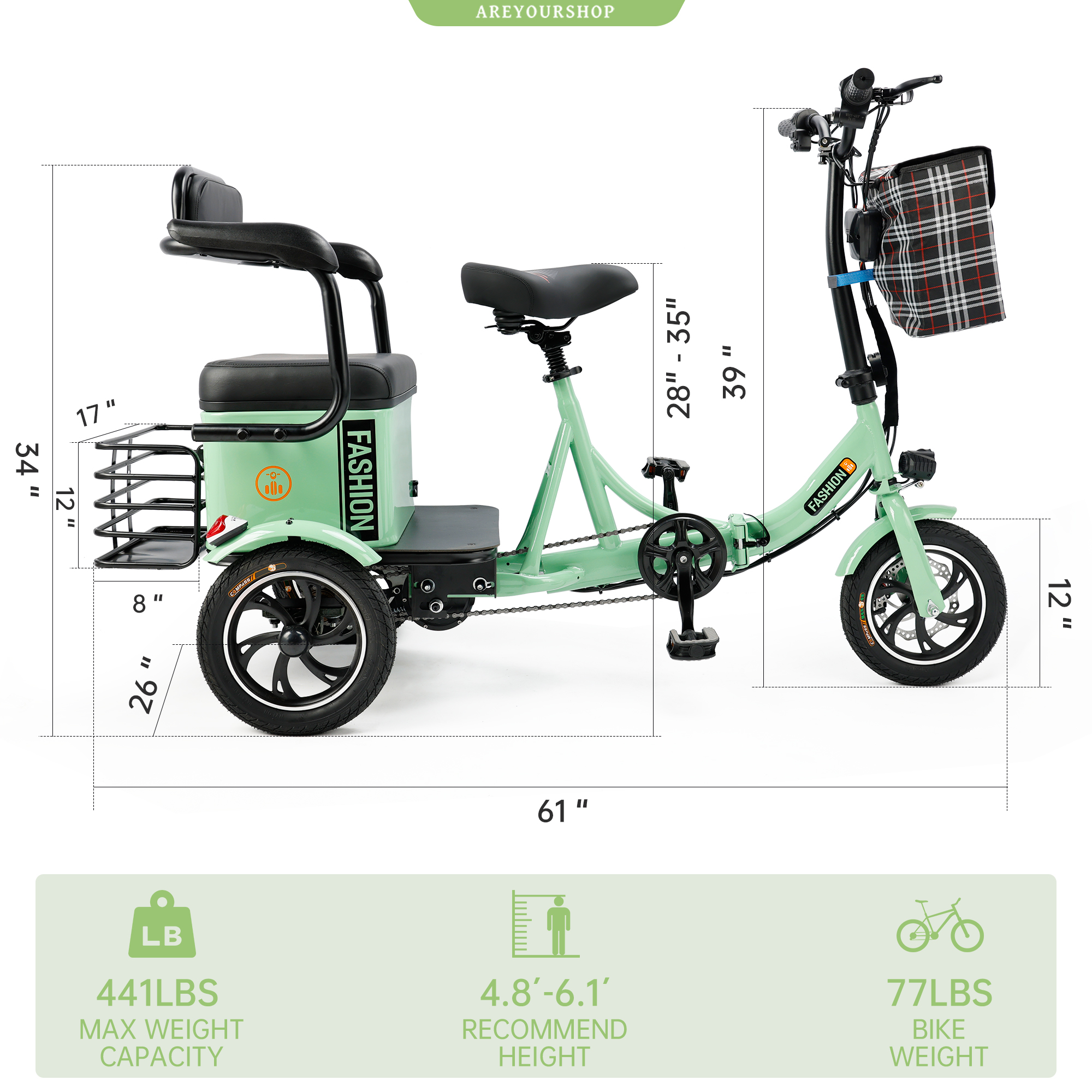 ARTUDATECH Electric Trike, Electric Tricycle for Adult, 400W 48V Foldable 3 Wheel Electric Bikes, Motorized Tricycle Adult Electric Three Wheels Bicycle for Adult Senior With Rear Seat