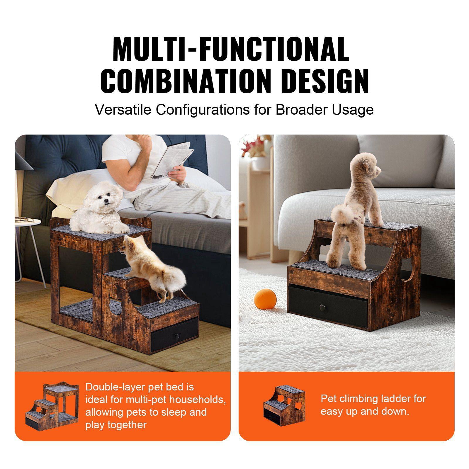 Pet Bunk Bed with Removable Stairs and Storage Multi Level Window Perch Cat Dog Bedside Sleeper Couch Small Pet Seat Platform Indoor Rustic Brown