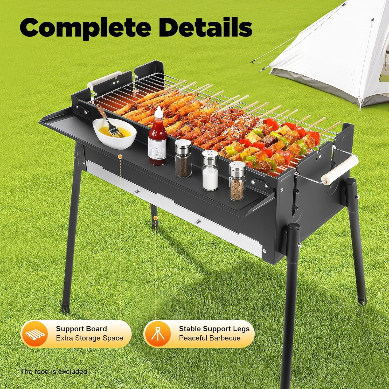 Portable Charcoal Grill, Folding BBQ Grill with 3 Adjustable Height Levels &Side Table, Stainless Steel & Iron Outdoor Grill for Camping, Tailgating, Backyard, Picnic, Fits 3-8 People 25.79" x 11.42"