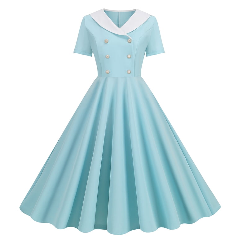 Joernso Women Prom Party Dress Vinatge 50s Evening Dress A-line Big Swing Short Sleeve V Neck Button Decor Fake Double-breasted Hidded Zipper Solid Color Lady Midi Dress