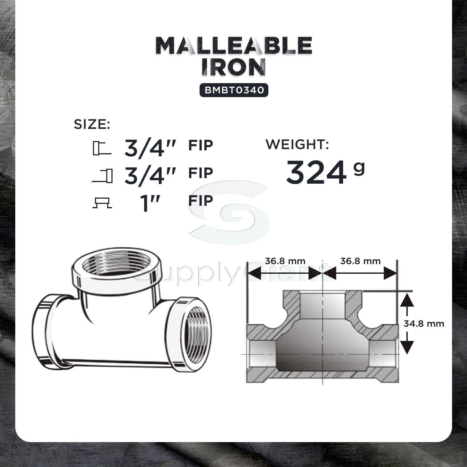 Supply Giant BMBT0340 Black Malleable Bull Head Tee Fitting with Female Threaded Connections, 3/4" x 3/4" x 1"