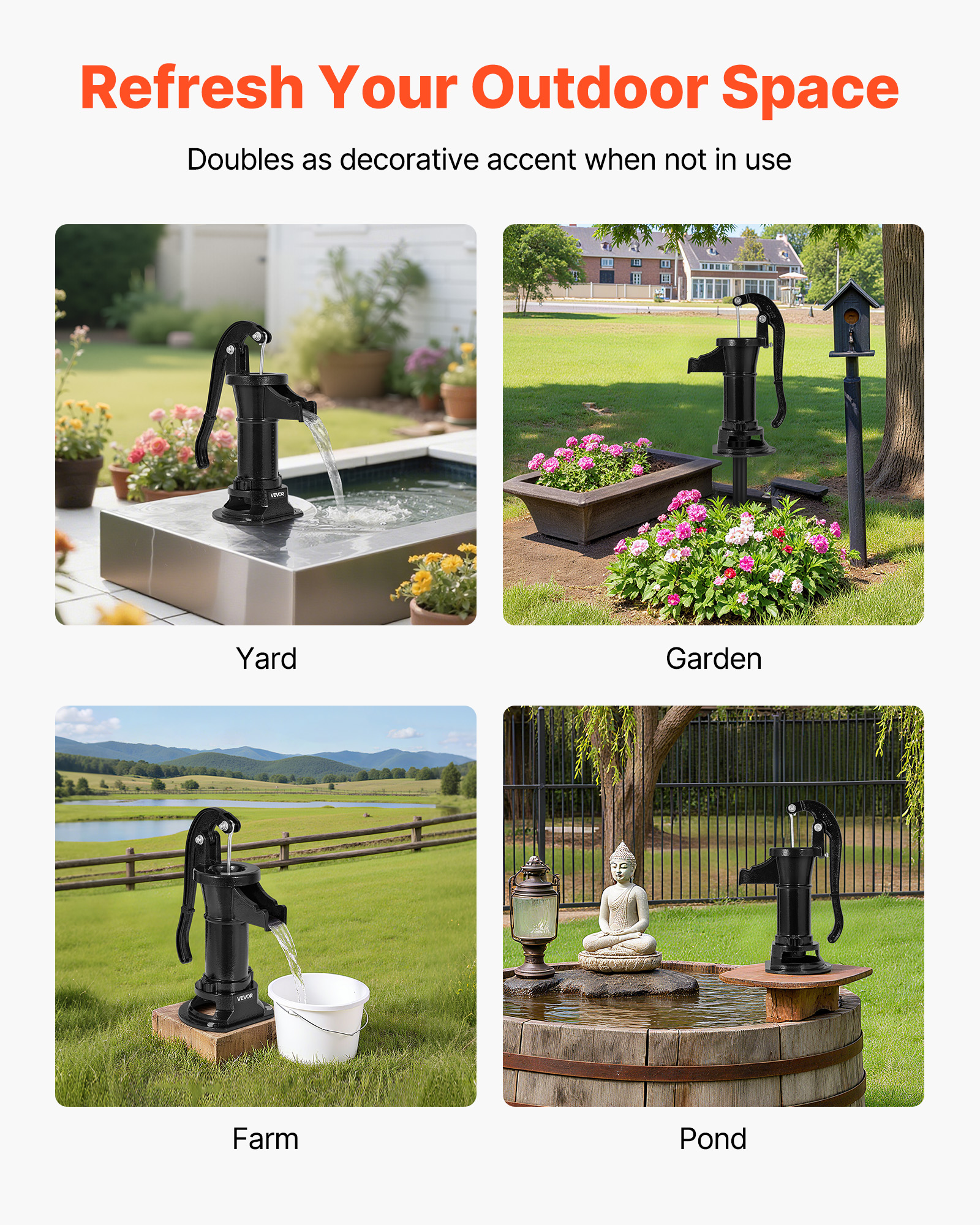 VEVOR Well Hand Pitcher Pump, 25 ft Maximum Lift, Antique Cast Iron Manual Hand Water Pump, NPT 1-1/4 in Connection, Easy Installation, Old Fashioned for Outdoor Garden, Pond, Backyard, Farm, Black