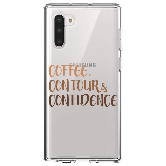 DistinctInk Clear Shockproof Hybrid Case for Samsung Galaxy Note 10 (6.3" Screen) - TPU Bumper Acrylic Back Tempered Glass Screen Protector - Coffee Contour & Confidence