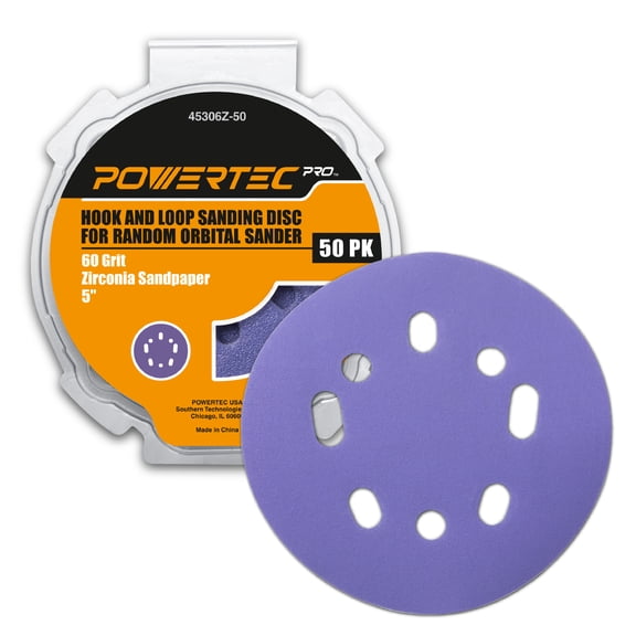 POWERTEC PRO 50PK, 5 Inch Sanding Discs Hook and Loop, 60 Grit, Zirconia Orbital Sander Sandpaper for 5 & 8 Hole Random Orbital Sanders - Automotive, Paint, Metal, Woodworking (45306Z-50)