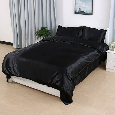 - Satin Silk Duvet Cover Flat Sheet Pillow Shams Bedding Set Black Queen Size