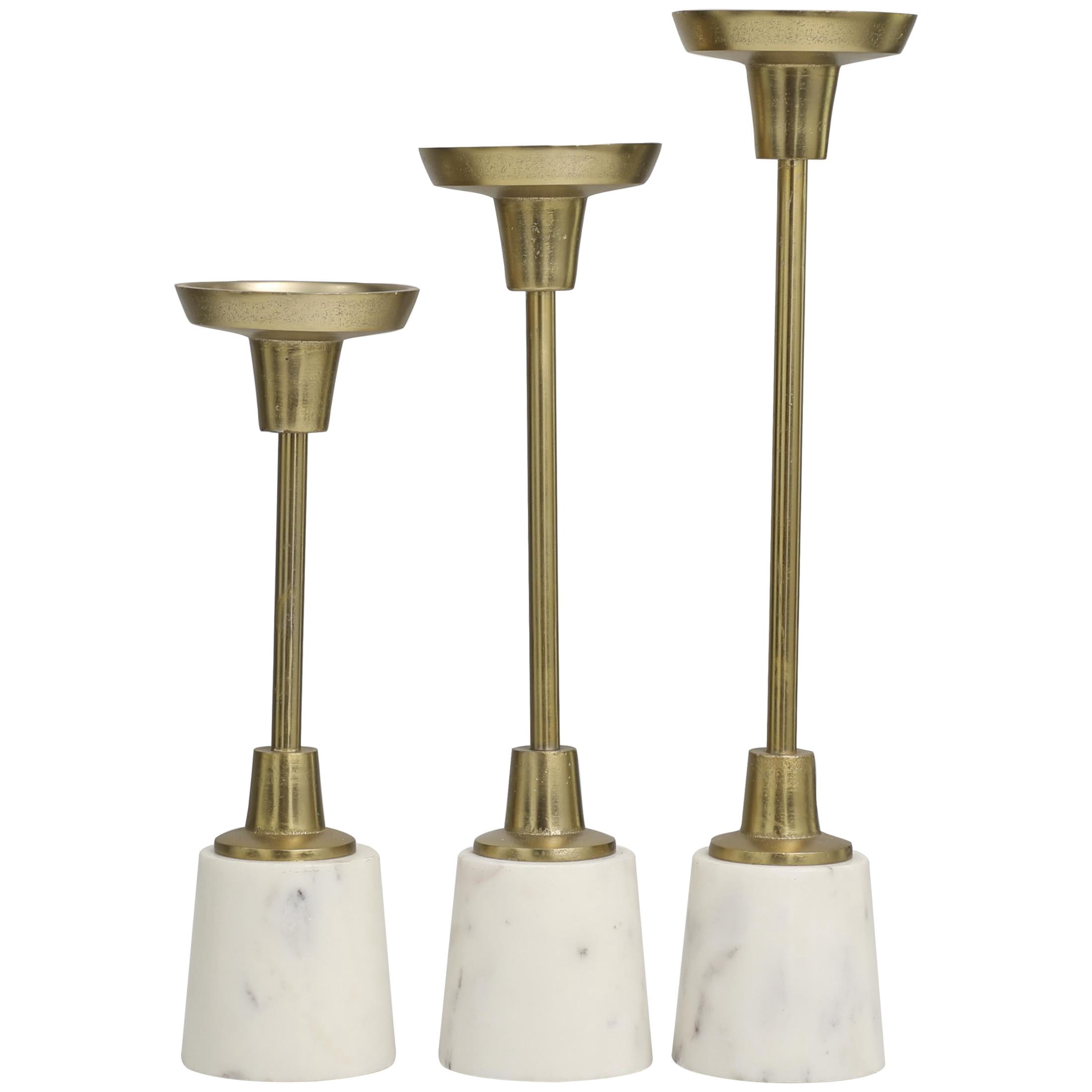 DecMode 3 Candle Gold Aluminum Metal Slim Candle Holder with White Marble Base, Set of 3