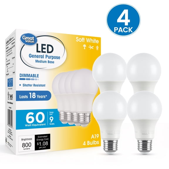 Great Value 18YR A19 LED Light Bulb, 9W (60W Equivalent), Dimmable Soft White, E26 Medium Base, 4 Pack