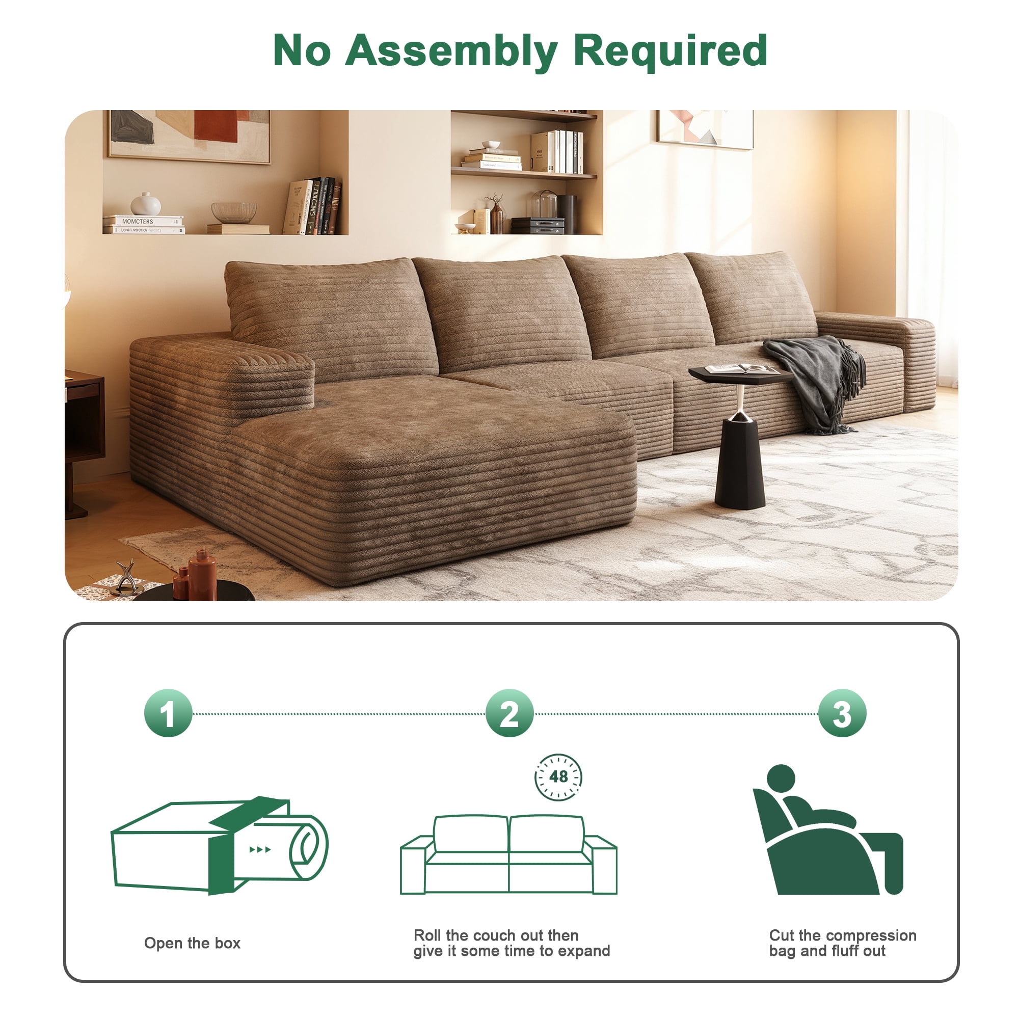 MAYEERTY 135" Cloud Sectional Couch with L-Shape Chaise, Modern Modular Deep Seat Sofa, No Assembly Plush Corduroy Fabric, Camel (3 packages)