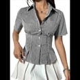 thumbnail image 3 of Conjuntos Casuales de Negocios para Mujer, Blusas Elegantes e Informales de Verano con Botones y Peplum, Camisas A Rayas 2025 Negro XL, 3 of 10