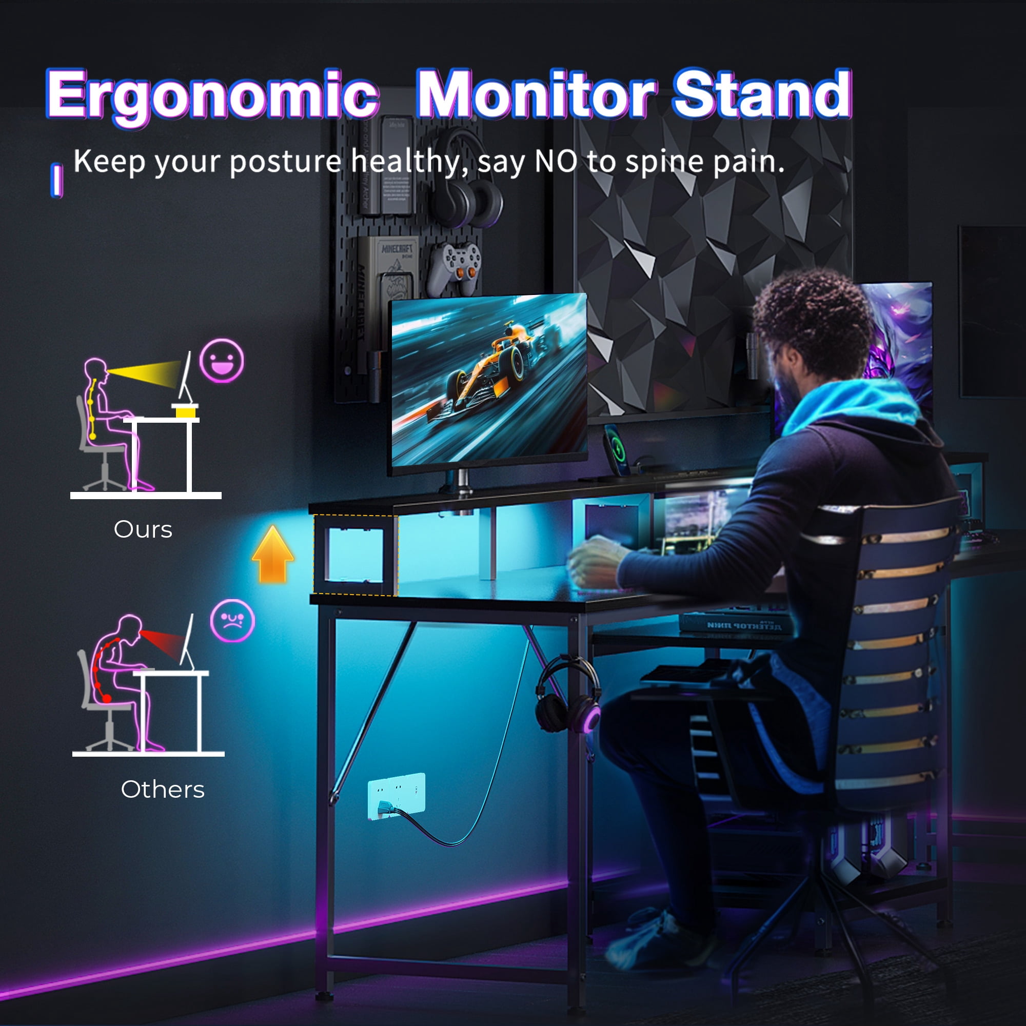Casacomoda 98" Computer Desk with USB Ports & Power Outlets, Large Gaming Desk with Display Stand & LED Strip, Storage Shelves for Home Office, Suitable for 2 People Use, Black
