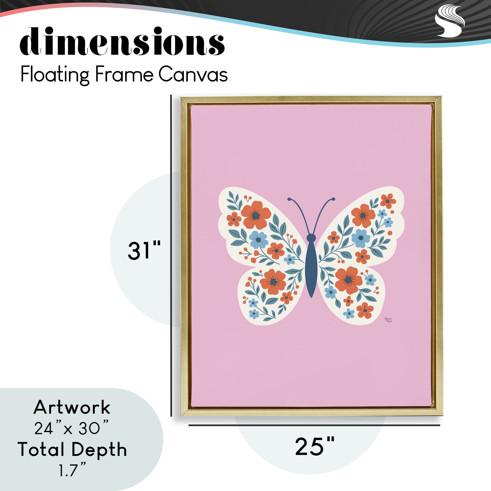Boho Pink Floral Butterfly Gold Framed Floater Canvas Wall Art, design by Jessica Beck