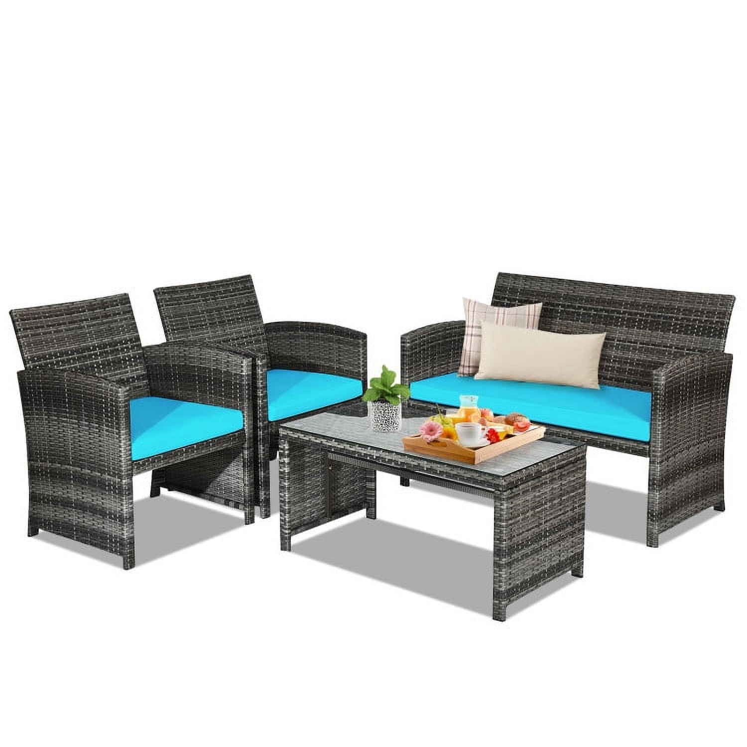 GVN 4 Pieces Patio Rattan Furniture Set, Balcony Furniture Outdoor Rattan Patio Conversation Set with Cushions-Turquoise