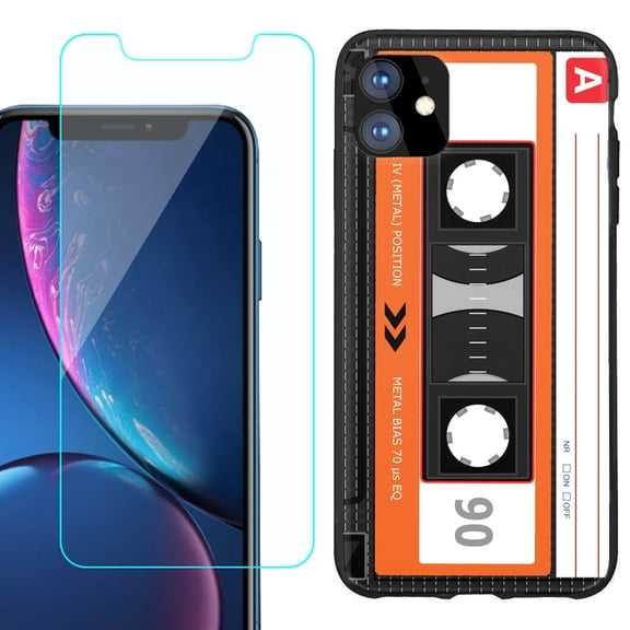 For Apple iPhone 11 Phone Case , Slim-Fit TPU Protective Case (Black), with Tempered Glass Screen Protector, by OneToughShield ® - Cassette Orange