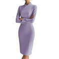 thumbnail image 2 of Women's Work Dress Office Dress Long Sleeve Mock Neck Solid Color Slim Fit Pencil Midi Dress for Commuting Spring Fall,Purple,S, 2 of 4