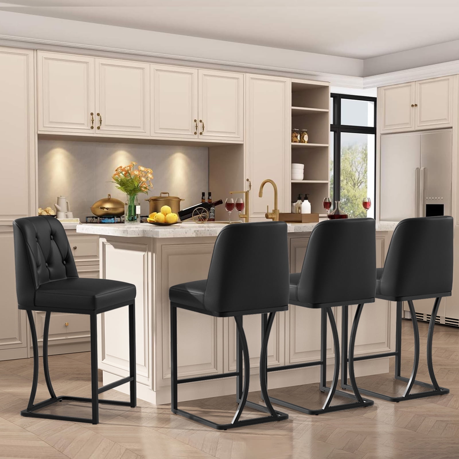 HomeZeer Counter Height Bar Stools Set of 4, Bar Stools with Back and Sliver Metal Frame, 24" Barstools with Footrest, Upholstered PU Leather Counter Stool Chairs for Kitchen Island,Black