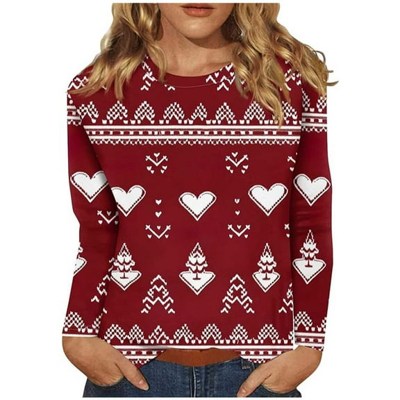 Erwazi Womens Christmas Printed Long Sleeve T-Shirts Casual Crew Neck Loose Shirt Holiday Tops