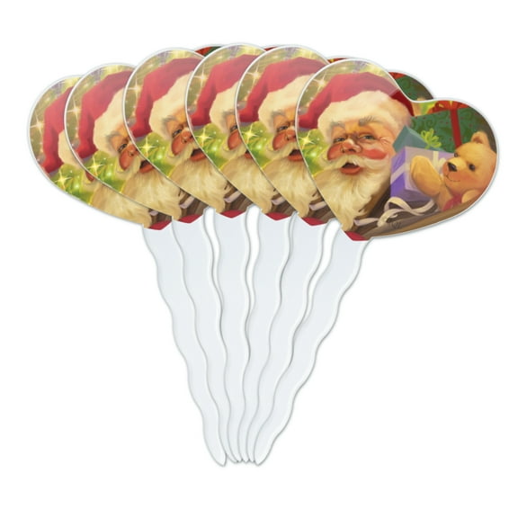 Christmas Holiday Santa Jolly Sparkle Heart Love Cupcake Picks Toppers Decoration Set of 6