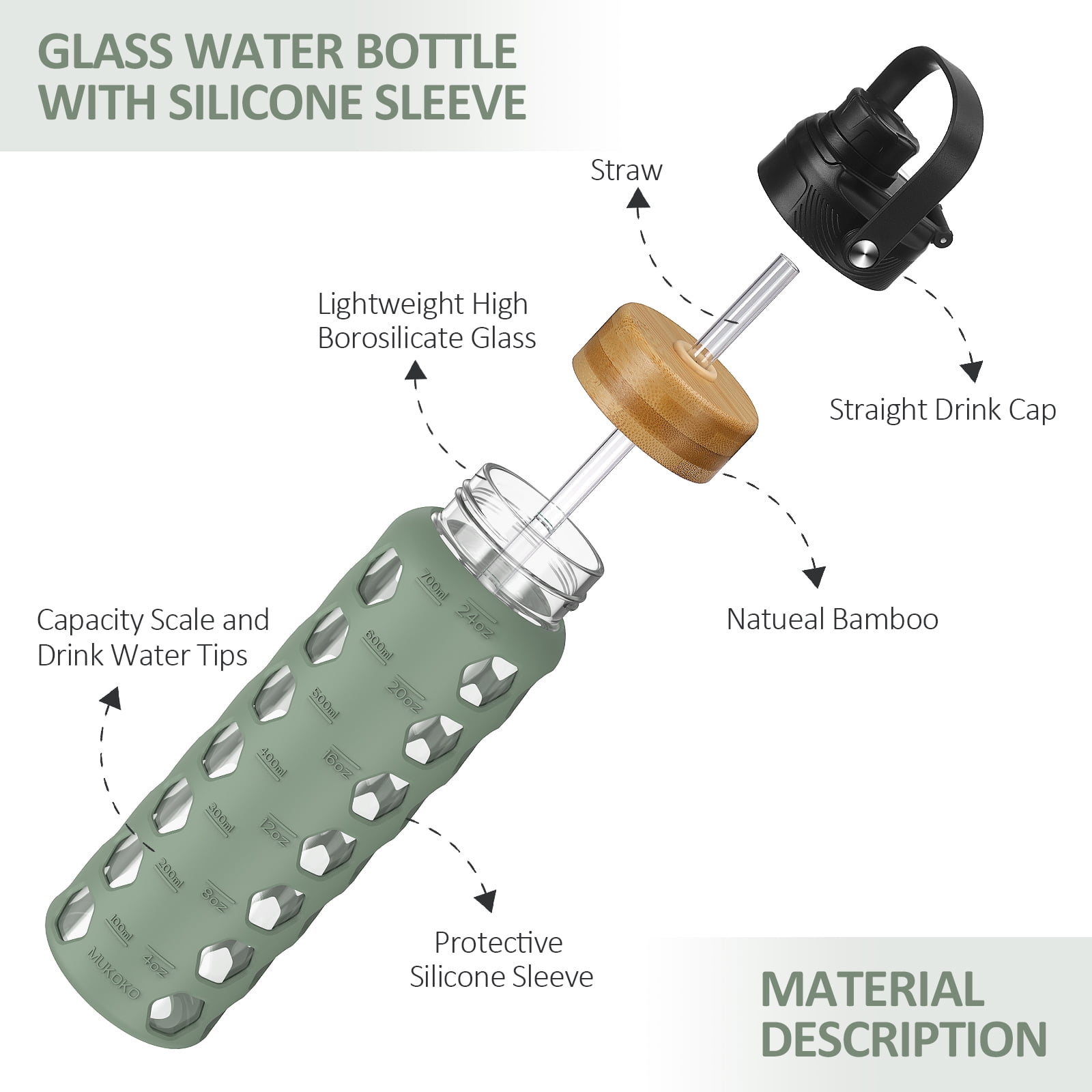 MUKOKO 24oz Glass Water Bottle, Motivational Water Tumbler with 2 Lids and Straw, Time Marker Silicone Sleeve, Olive